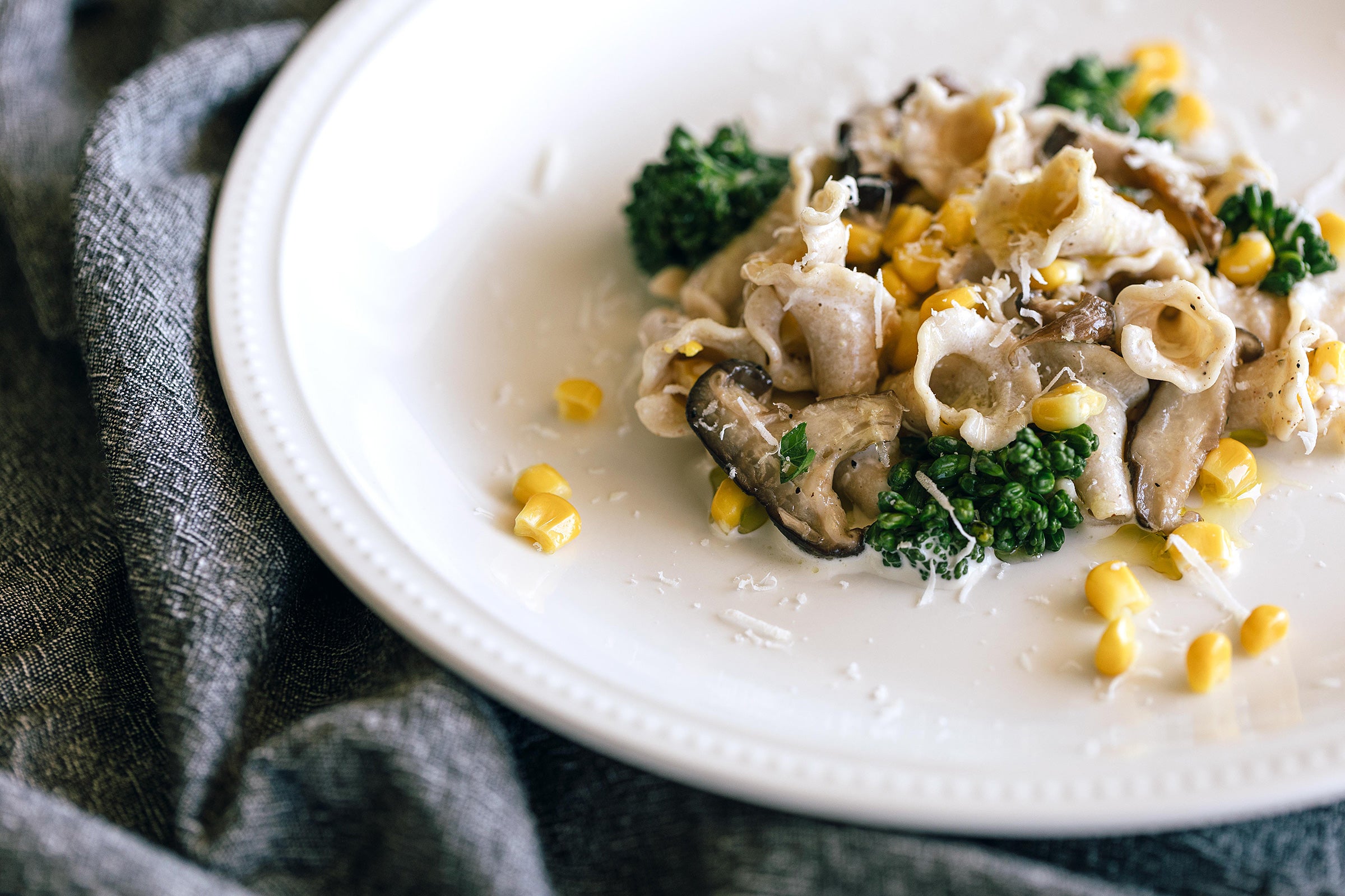 Heirloom Wheat Campanelle with Mushroom, Corn and Broccolini