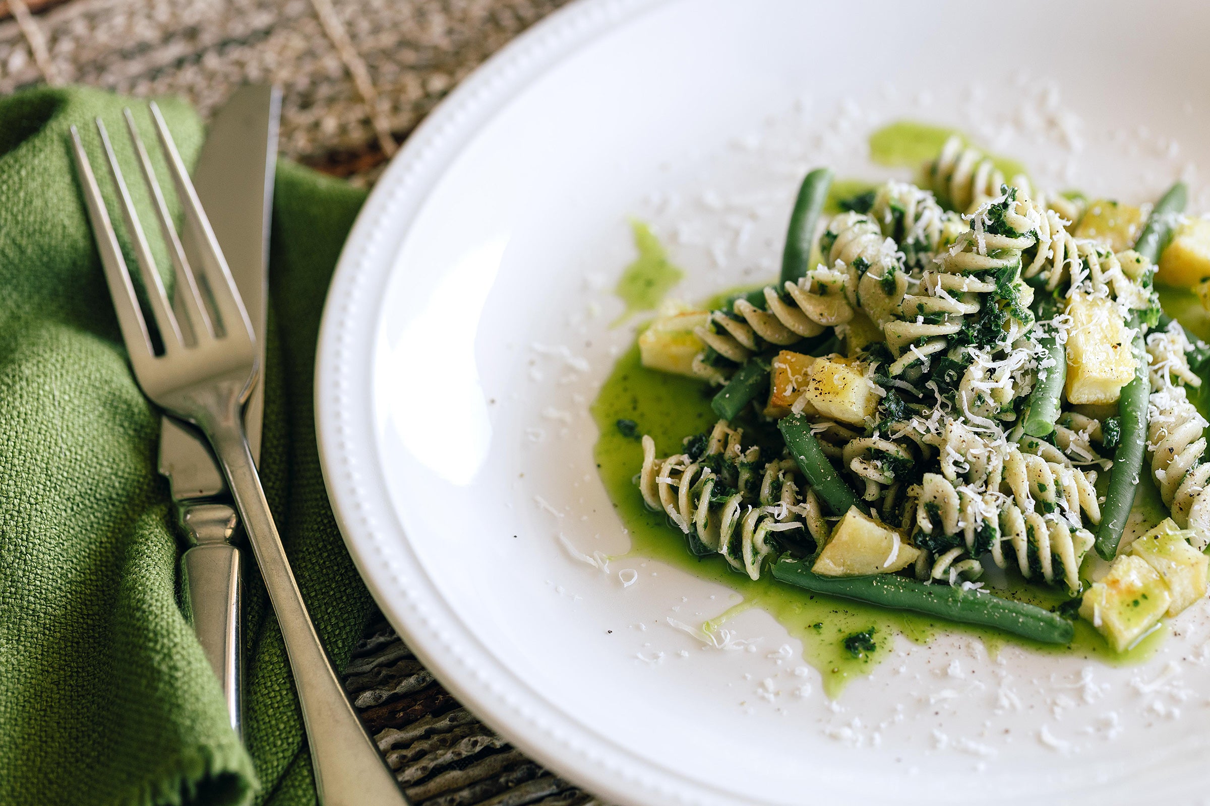 Heirloom Wheat Fusilli with Rapini Pesto, Potatoes and Green Beans
