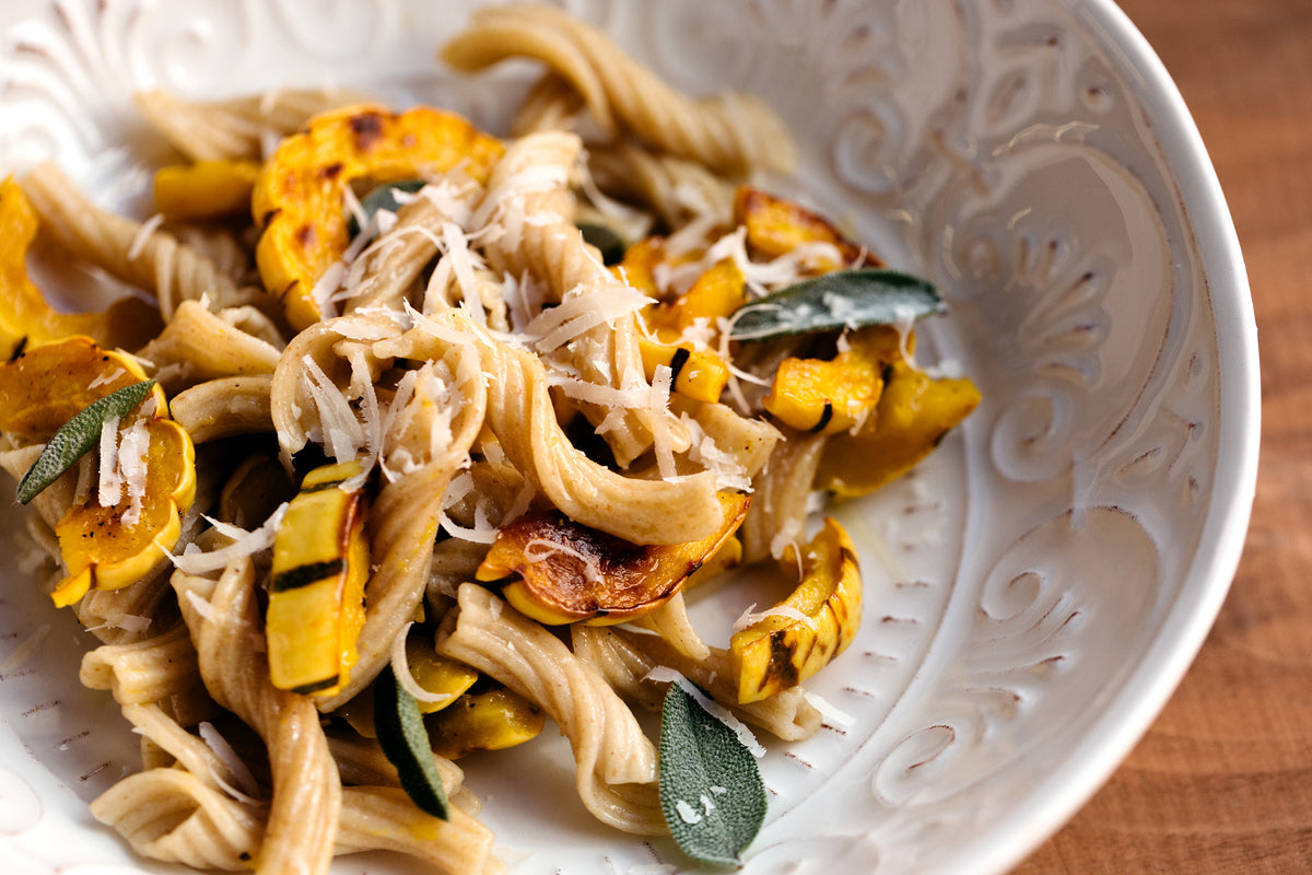 Heirloom Wheat Garganelli with Brown Butter and Roasted Squashes