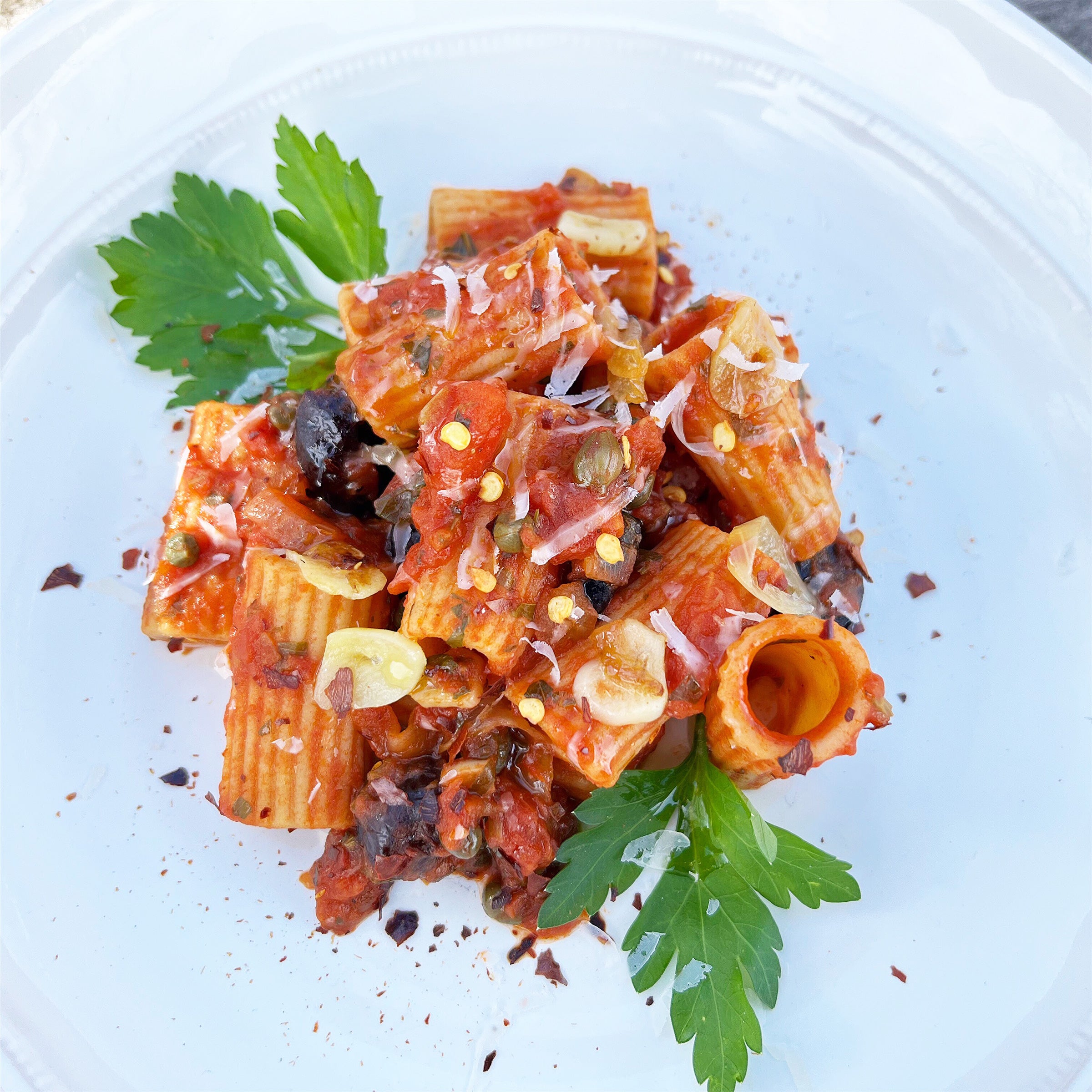 Heirloom Wheat Rigatoni with Puttanesca Sauce