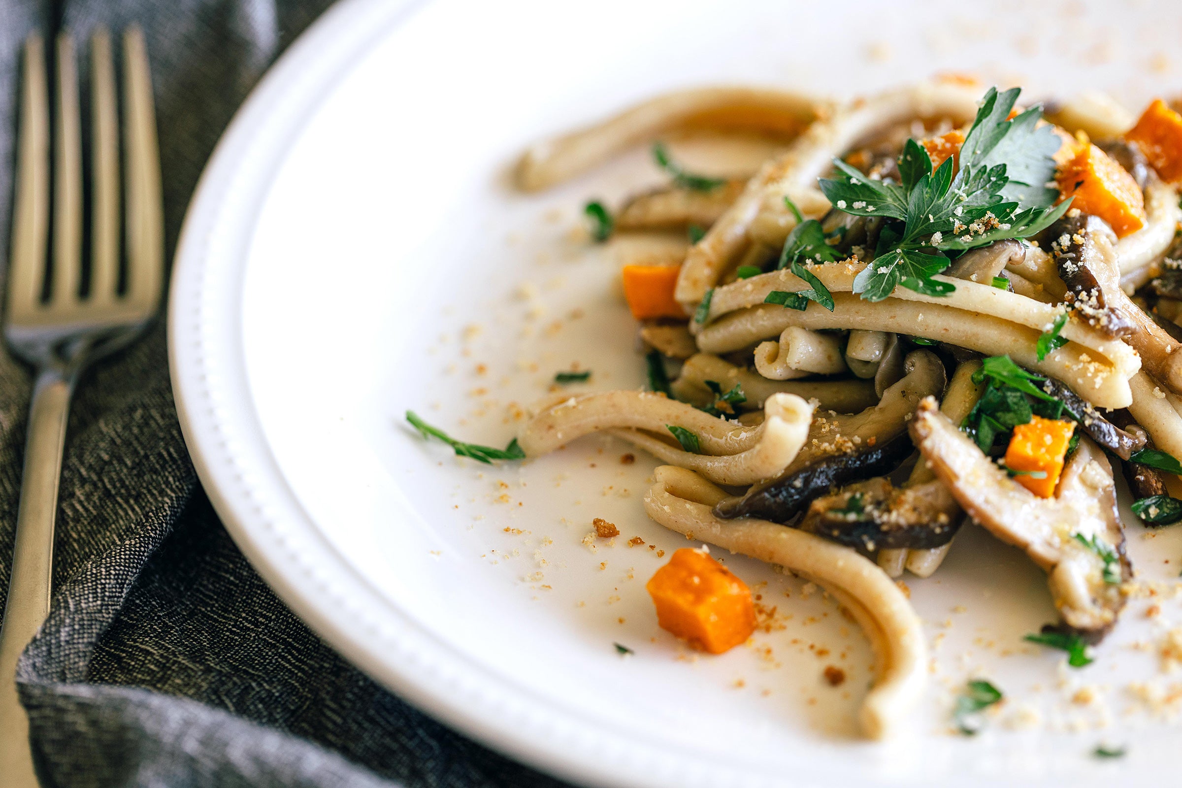 Heirloom Wheat Casarecce with Roasted Sweet Potatoes, Shiitake Mushrooms and Parsley