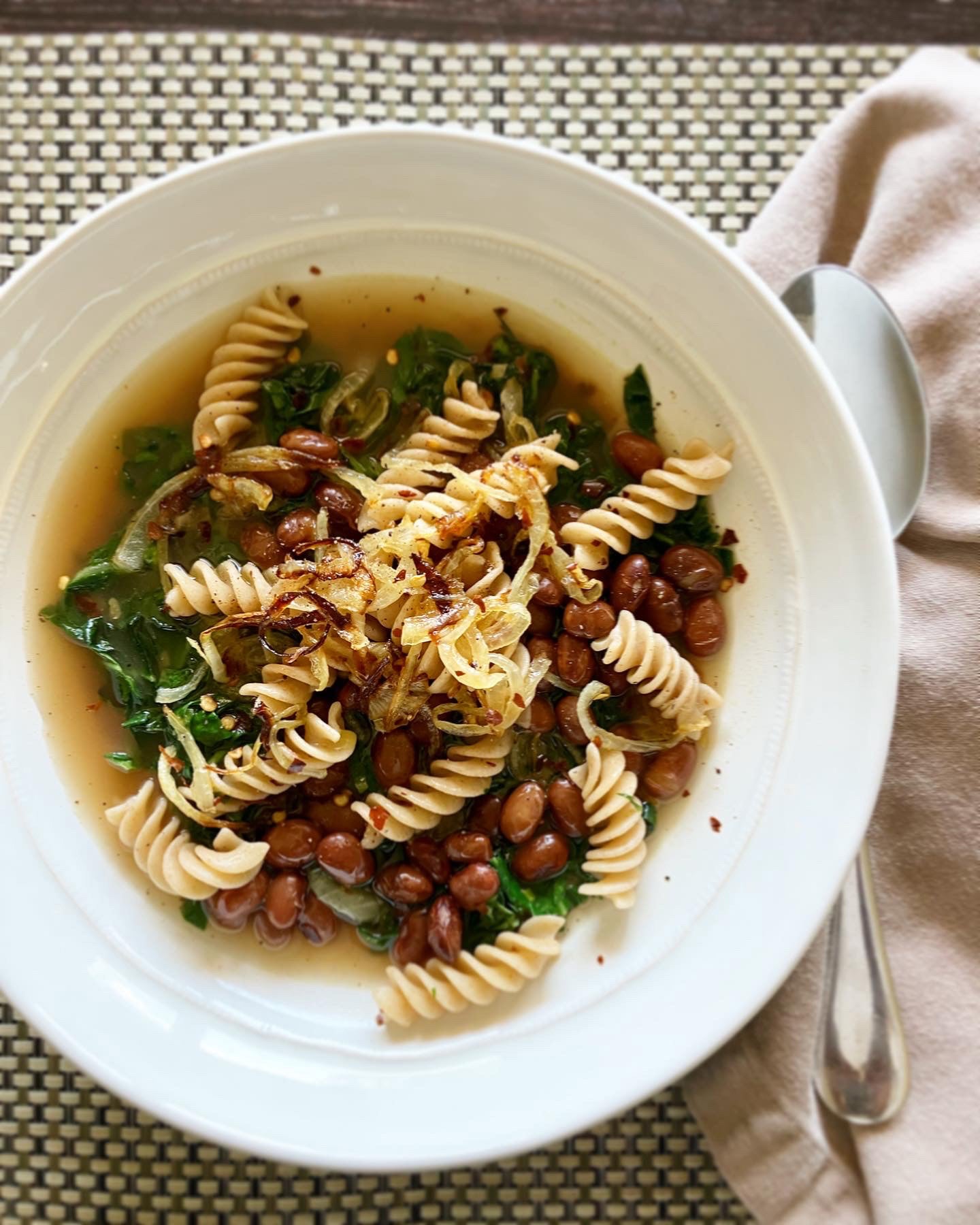 Heirloom Wheat Fusilli with Collard Greens, Onions and Beans